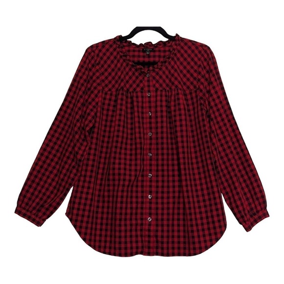 Talbots Buffalo Check Shirt X Ruffle Mock Neck Long Sleeve Button Up Plaid Tunic - Picture 1 of 8